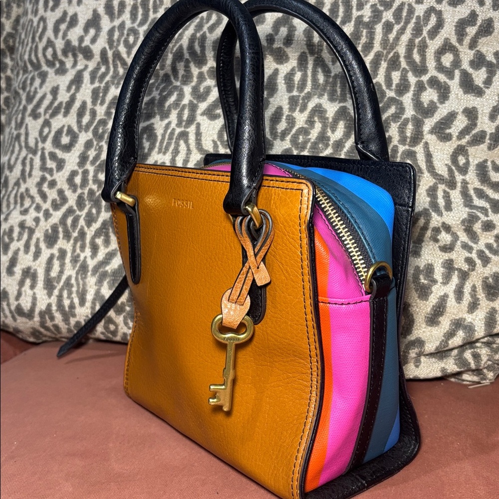 Fossil hope top handle colorful stripe medium square bag fun summer purse - Picture 2 of 16